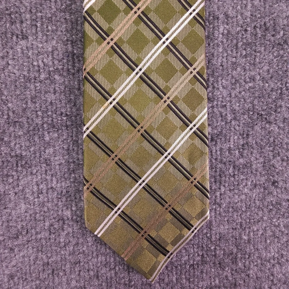 Geoffrey Beene Silk Tie Green Silver‎ Gold Plaid Men Necktie
